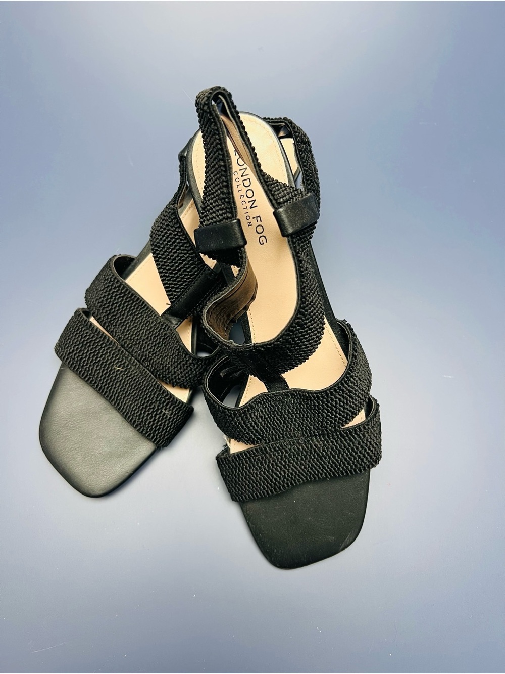 London Fog Black Elastic Strap Low Heel Sandals